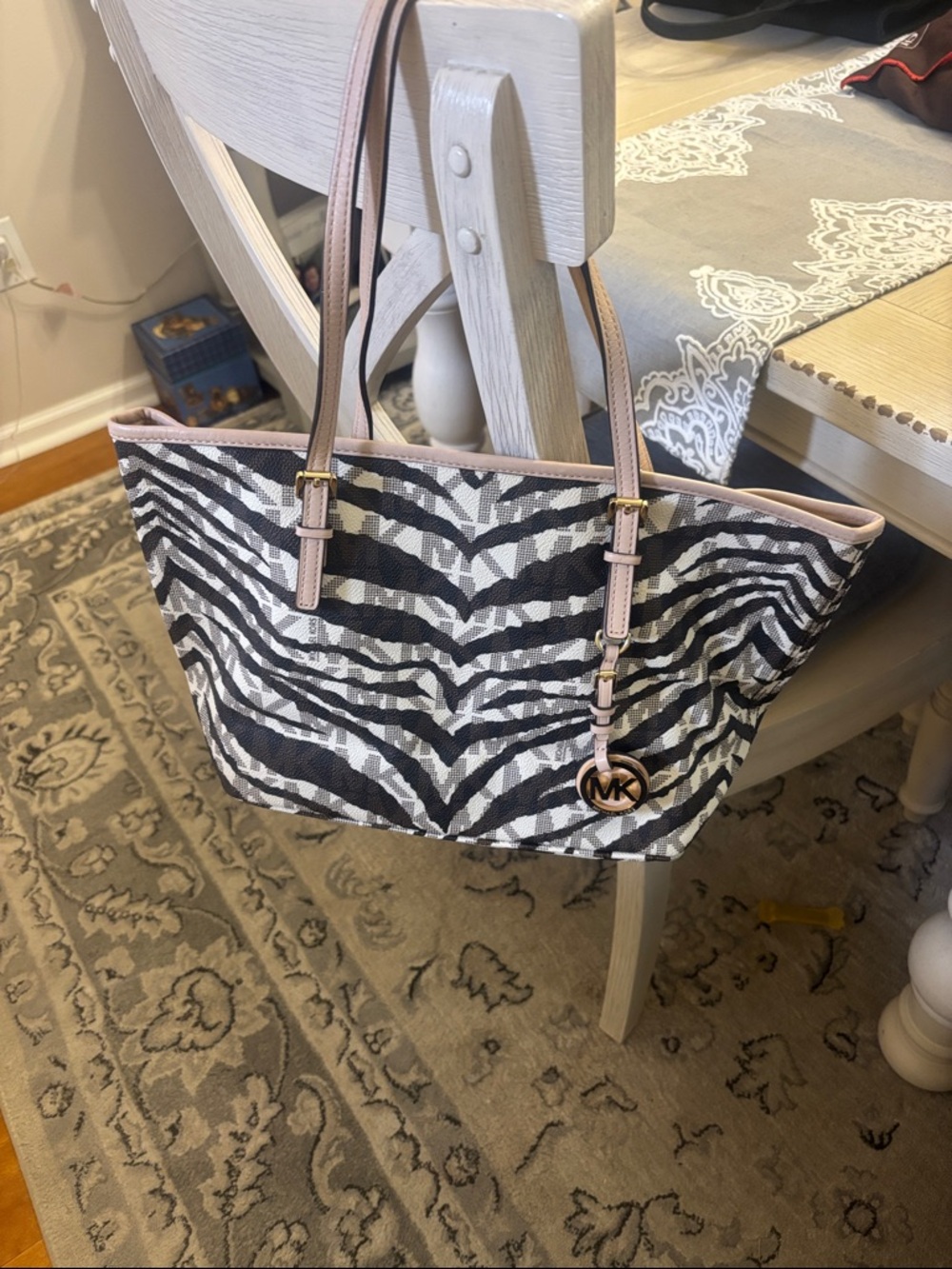Michael Kors Brown & white Zebra Print Tote with beige Trim small tote